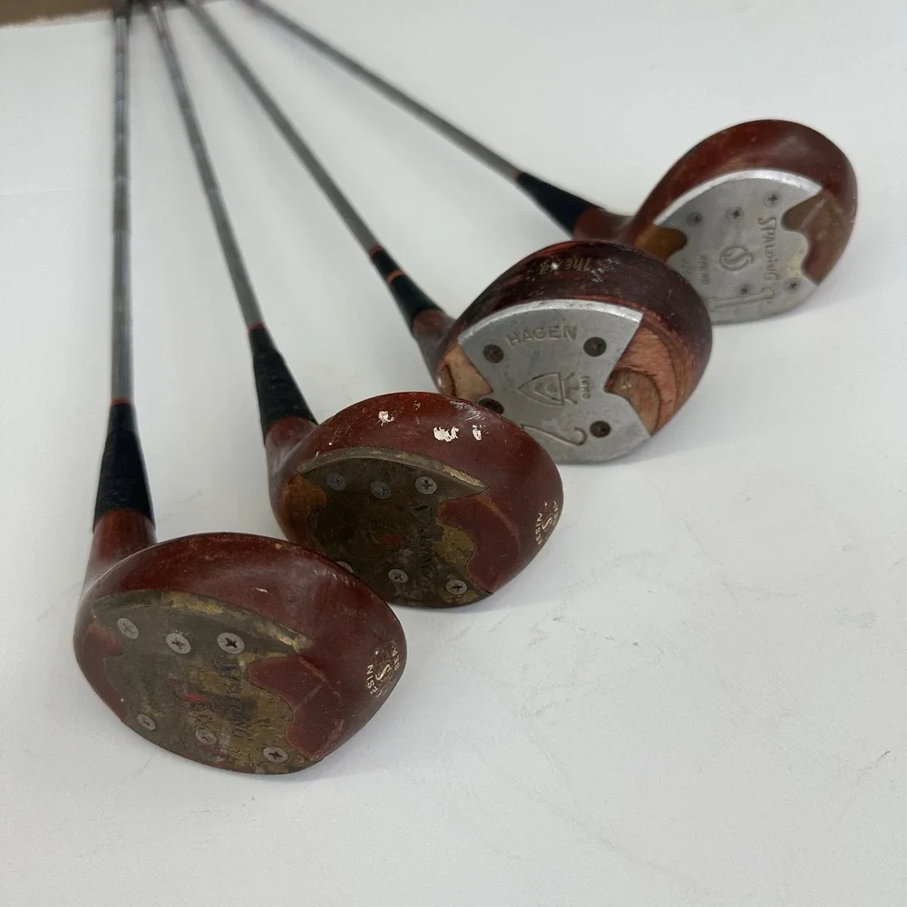 Vintage Golf Driver 1, 2, 3 &4 Wood Steel Shaft Clubs Spalding & Hagen